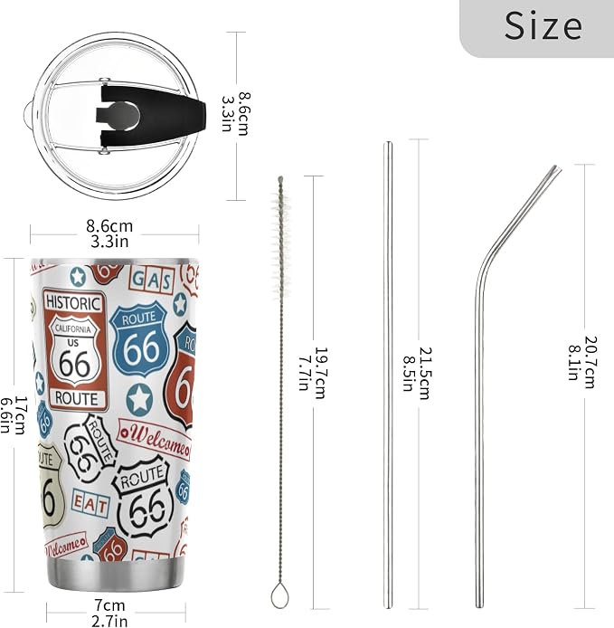 Tumbler Route 66 Cute Insulated Coffee Cup Beverage Container Travel Mug with Straw and Lid Double Wall Stainless Steel 20oz Holiday Gift