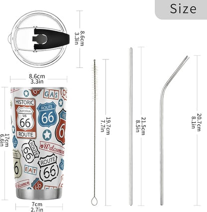 Tumbler Route 66 Cute Insulated Coffee Cup Beverage Container Travel Mug with Straw and Lid Double Wall Stainless Steel 20oz Holiday Gift