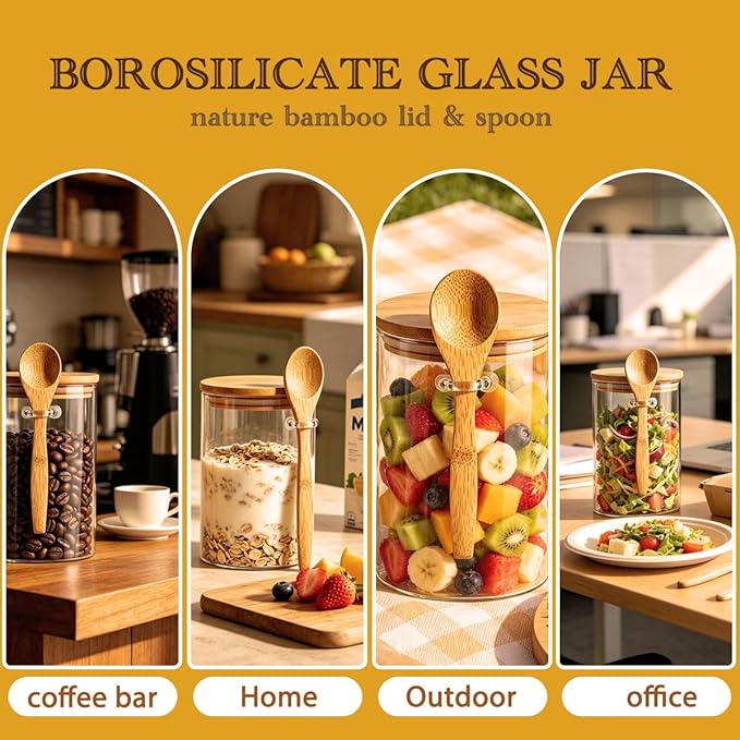 Airtight Glass Jars With Bamboo Lids And Spoons, 15oz Glass Canisters With Lid For Spice Beans Tea, Sealed Sugar Container, Glass Coffee Containers, Food Jars Canisters, Kitchen Accessories (2pcs)