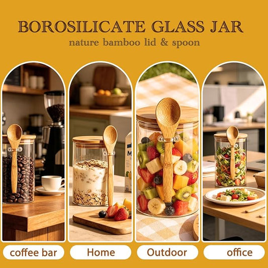 Airtight Glass Jars With Bamboo Lids And Spoons, 17oz Glass Canisters With Lid For Spice Beans Tea, Sealed Sugar Container, Glass Coffee Containers, Food Jars Canisters, Kitchen Accessories (4pcs)