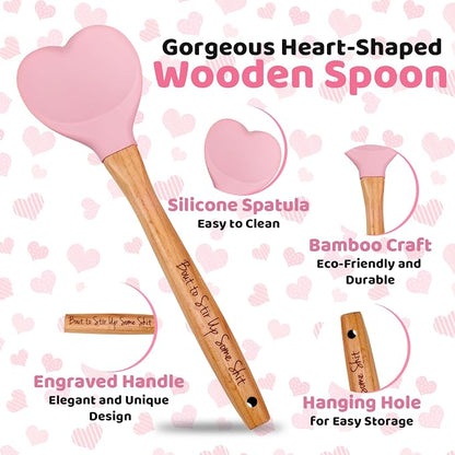 Funny Wooden Spoons for Cooking Bout to Stir Up Some Shit Laser Engraver Gifts Personalized Home Kitchen Long Handle Spoons for Cooking Tools Heart-Shaped Silicone Spatula