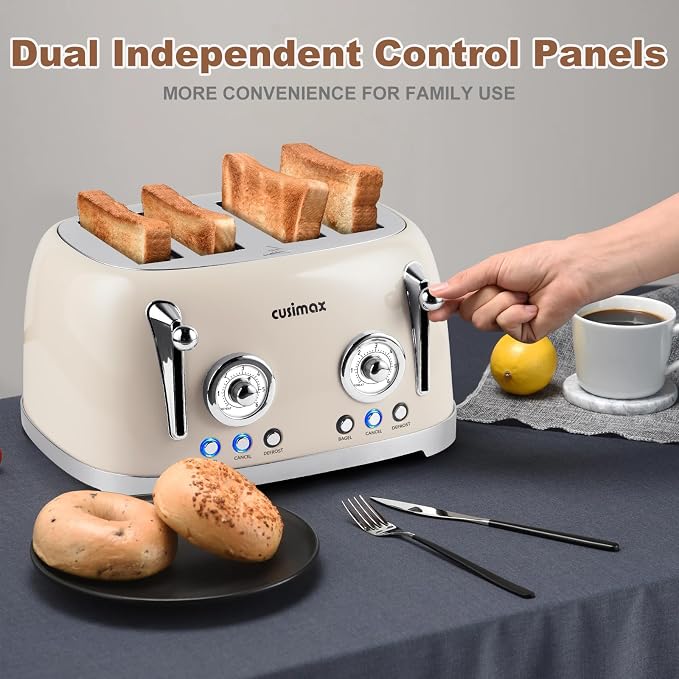 CUSIMAX Toaster 4 Slice, Retro Toaster with Wide Slots for Bagels, Stainless Steel with 6 Toast Settings, Bagel, Cancel, Defrost & Reheat Functions, Dual Independent Control Panels, Cream
