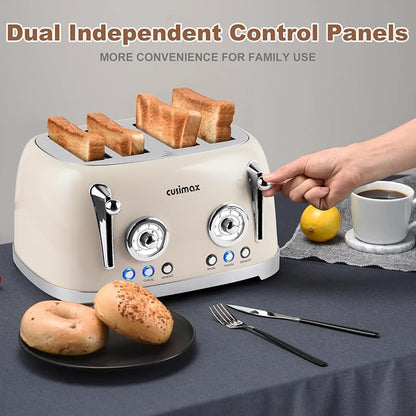 CUSIMAX Toaster 4 Slice, Retro Toaster with Wide Slots for Bagels, Stainless Steel with 6 Toast Settings, Bagel, Cancel, Defrost & Reheat Functions, Dual Independent Control Panels, Cream