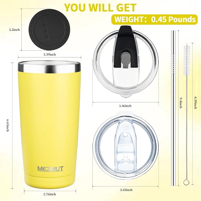 MEZMUT 20oz Tumbler Coffee Travel Mug with Daul Lid and Straw, Stainless Steel Double Wall VacuumSpill Proof Insulated Tumbler, Hot or Iced Coffee Cups for Drinks (1Pack, Light Yellow)