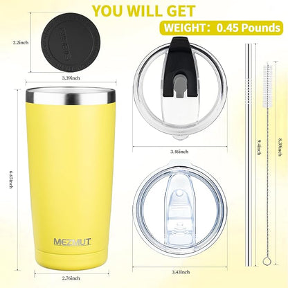 MEZMUT 20oz Tumbler Coffee Travel Mug with Daul Lid and Straw, Stainless Steel Double Wall VacuumSpill Proof Insulated Tumbler, Hot or Iced Coffee Cups for Drinks (1Pack, Light Yellow)