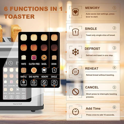 4 Slice Toaster Touch Screen, Stainless Steel Toasters Digital Timer, Dual Control Panel Toasters, 8 Shade Settings 6 Bread Types for Bagel, Cancel, Defrost 1650W