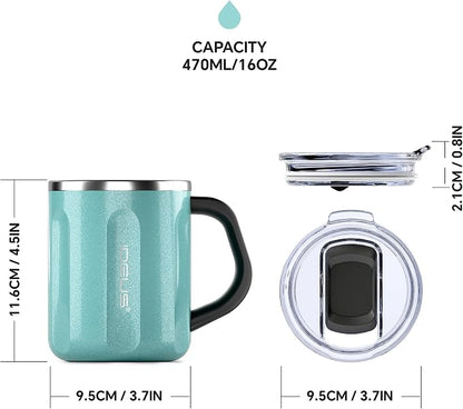 Ideus 16 oz Coffee Cup, Stainless Steel Coffee Travel Mug, Spill Proof Tea Mug with Handle and Lid, Lightweight and Durable, Great for Office Home and Outdoor Use, Sky Blue-FUJI FLOW
