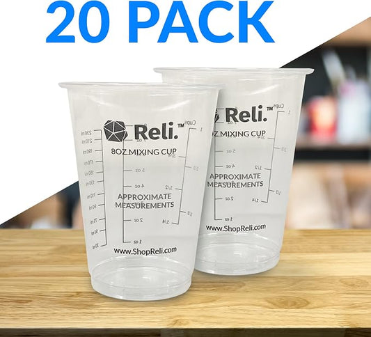 Reli. 8 oz Paint Mixing Cup/Resin Mixing (20 Pcs) | Disposable Measuring Cups | Clear Plastic Measures | Use for Paint, Epoxy Resin, Pigments (8oz)