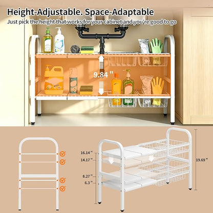 Under Sink Organizers and Storage, 2 Tier Expandable Length Adjustable Height Under Sink Organizer, Easy Assembly Heavy Duty Carbon Steel Space Saving Under Cabinet Shelf Storage Rack