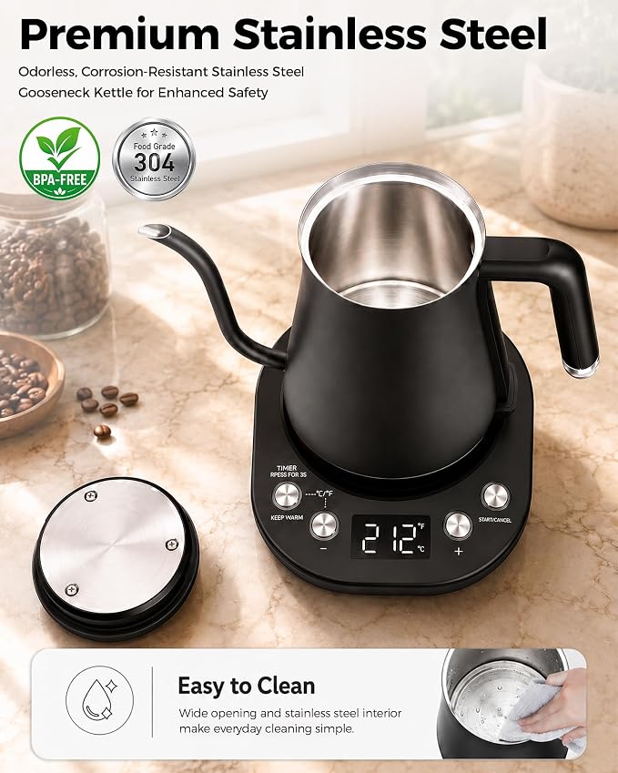 Gooseneck Electric Kettle with ±1℉ Temperature Control, 304 Stainless Steel Interior, BPA Free, 1200 Watt Rapid, Brew Timer, Automatic Shut Off for Pour Over Coffee, Brew Tea, Boil Hot Water