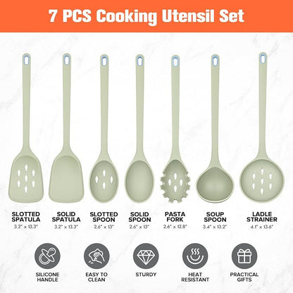 Large Silicone Utensils Set of 7 for Cooking,No Scratch for Nonstick Cookware,Pasta Server,Spaghetti Spoon,Slotted Spoon&Spatula,Solid Spoon&Spatula,Skimmer,Soup Ladle BPA Free Heat Resistant (Green)