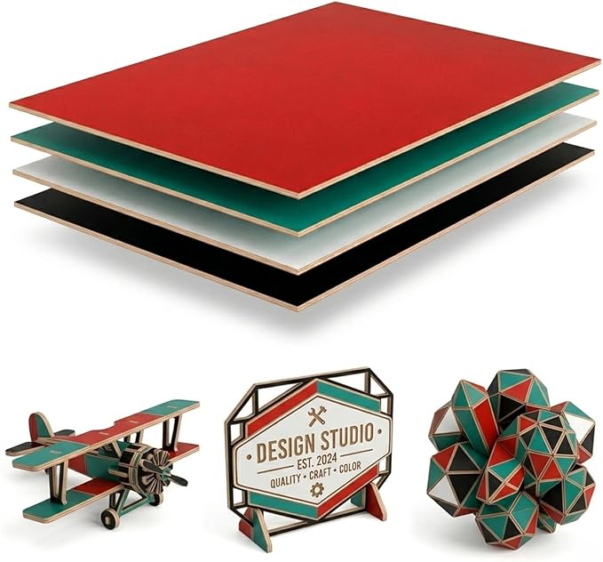 4 Pack Double-Sided Pre-Painted Colored Plywood Sheets, 11.7"x8.27"x1/8" (3mm) Laser-Friendly Craft Boards for Cutting & Engraving (Mixed Colors)