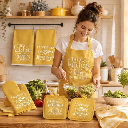 Sratte 6 Pcs Kitchen Decor Accessories Set Farmhouse Towels Pot Holders Oven Mitts Set 2 Dish Towels 2 Potholders 2 Cooking Mittens Oven Glove for Christmas Baking Cooking Supply(Yellow,Kitchen)