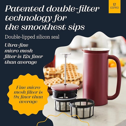 ESPRO Pro P7 French Press Coffee Maker - Double-Walled Stainless Steel Insulated with Micro-Filter - Cranberry, 32oz