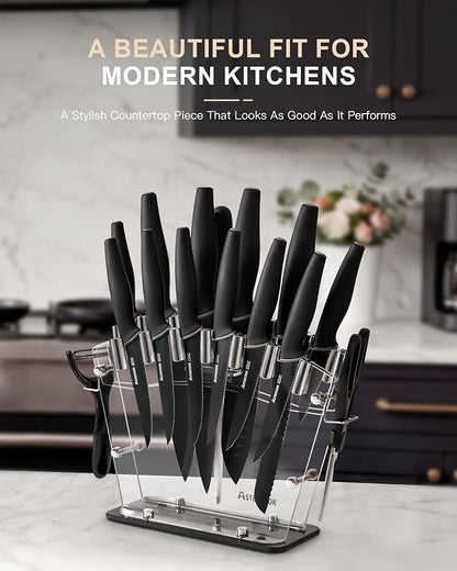 Astercook Knife Set with Block and Sharpener, 22 Piece Kitchen Knife Set Dishwasher Safe, Space-Saving Clear Knife Block with Knives for Everyday Home Cooking Black
