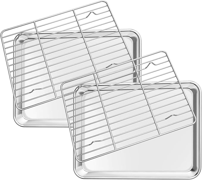 Deedro Baking Sheet with Rack Set [2 Sheets + 2 Racks], Stainless Steel Cookie Half Sheets Baking Pan Oven Tray with Cooling Rack, 9 x 7 x 1 Inch, Heavy Duty, Non-toxic, Easy Clean