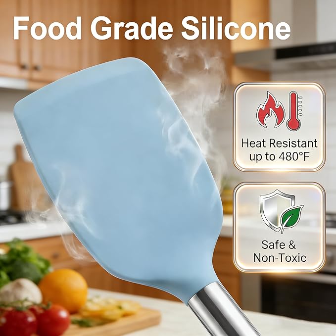 Vayvnt 4PCS Kitchen Utensils Set, Heat Resistant Silicone Utensils Set for Cooking, Non Scratch Spatula Spoons for Non Stick Pan, Large Kitchen Cooking Tools, Metal Long Handle&Dishwasher Safe, Blue