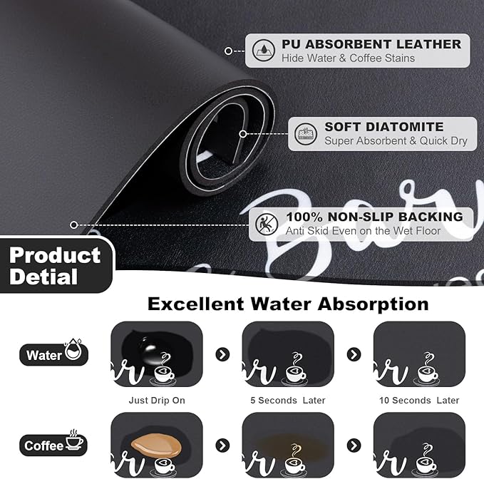 Findosom Dish Drying Mat, 17"x 32" Super Absorbent & Hide Stain Coffee Mat, Cuttable Drying Mat for Kitchen Counter, Coffee Bar Accessories, Under Dish Rack, Coffee Maker, Espresso Machine, Black