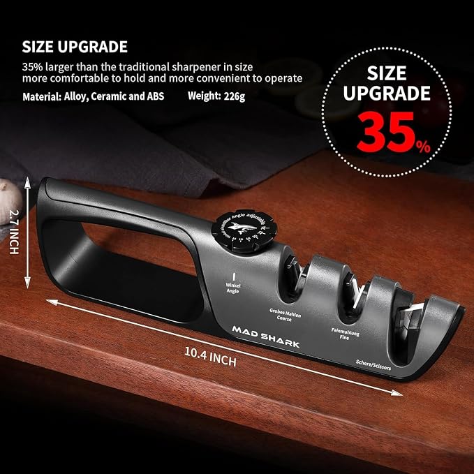 MAD SHARK Knife Sharpener, 6 Adjustable Sharpening Angle, Coarse & Fine Knife Sharpener Tool, Handheld Manual Knives Sharpener for Kitchen Knives, Pocket , Scissors, LARGE, Black