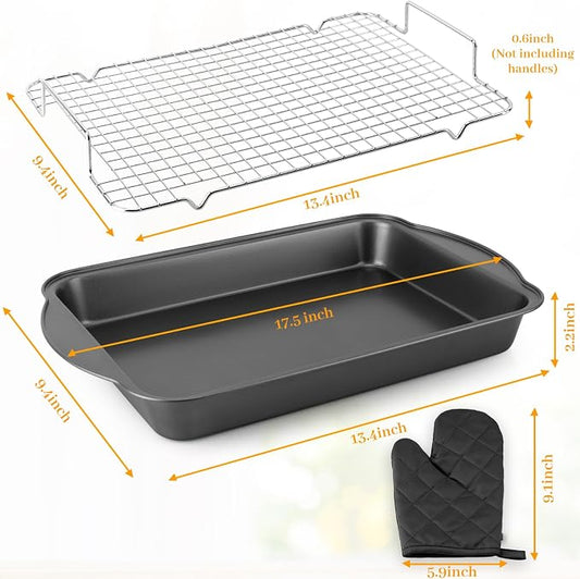 6PCS Deep Baking Pan Set - 17.5 x 9.4 Inch Baking Pans with Cooling Racks & Oven Mitts, Heavy Duty Roasting Pan with Wide Handles, Nonstick Oven Pan for Brownies, Biscuits, and Cake, Black