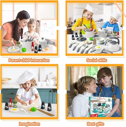 Bruvoalon 32Pcs Kids Play Kitchen Toys Set, Toddlers Pretend Cooking Playset Acccessories with Pots Pans, Utensils Cookware, Foods, Canned Veges, Learning Gift for Kids Girls Boys (White)