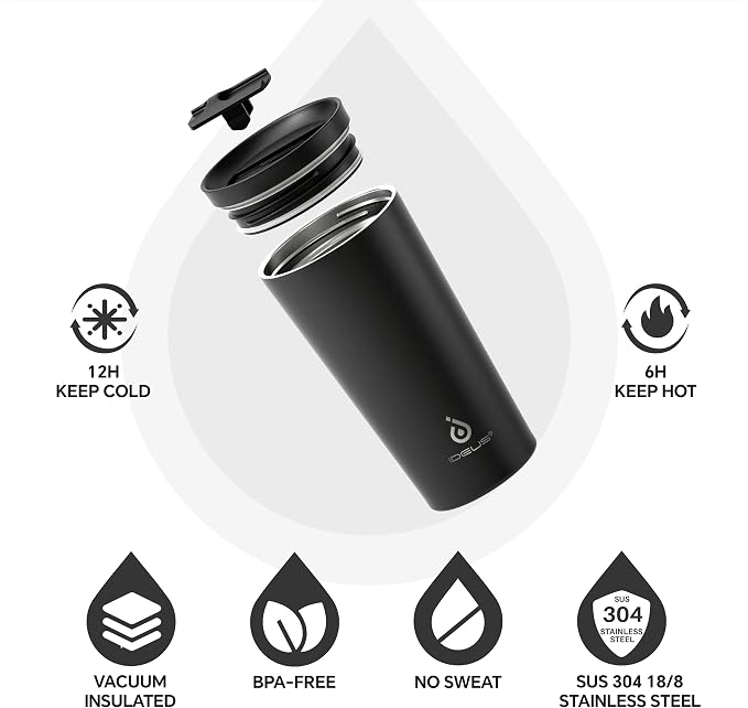 Ideus 17 oz Travel Coffee Mug, Double Wall Vacuum Stainless Steel Insulated Coffee Tumbler With Lid, Splash-Proof & Cup Holder Friendly, Keeps Drinks Hot/Cold, Dishwasher Safe, Black