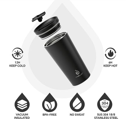 Ideus 17 oz Travel Coffee Mug, Double Wall Vacuum Stainless Steel Insulated Coffee Tumbler With Lid, Splash-Proof & Cup Holder Friendly, Keeps Drinks Hot/Cold, Dishwasher Safe, Black