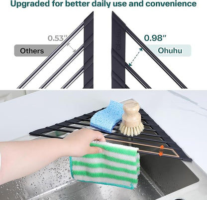 Ohuhu Corner Sink Caddy, Sponge Holder for Kitchen Sink Organizer - Silicone Wrapped Steel Anti Slip Rust Triangle Over the Sink Roll-UP Dish Drying Rack for Sink Corner Kitchen Sink Accessories