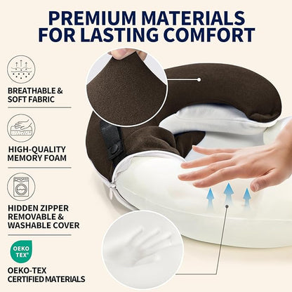 BUYUE Travel Neck Pillows for Airplanes, Memory Foam 360° Head Support Sleep for Long Flight, Skin-Friendly & Breathable, Kit with Eye Mask, Earplugs and Storage Bag (Adult, Brown, 90+ lbs)