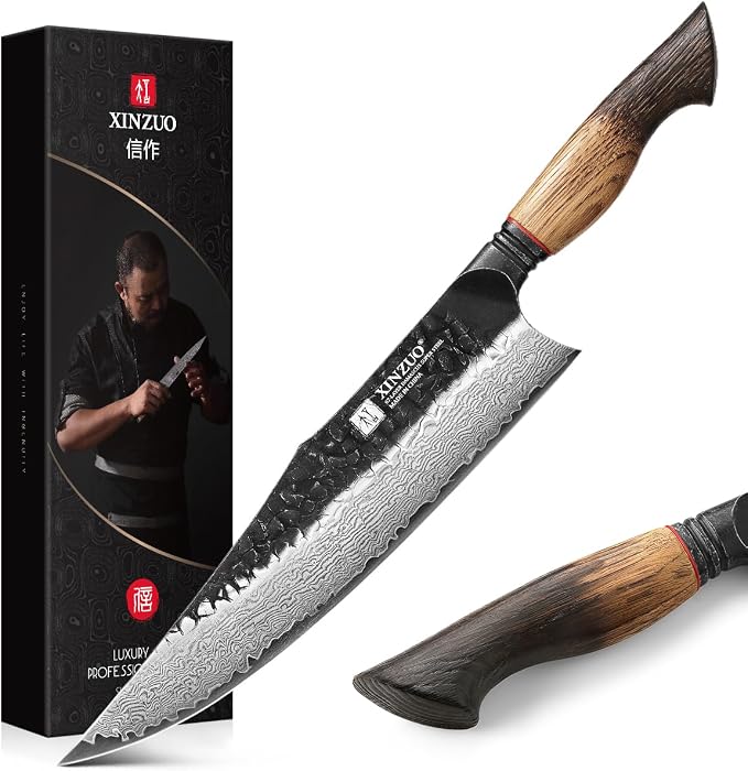 XINZUO 10 inch Professional Chef Knife,67 Layers 10Cr15CoMov High Carbon Damascus Steel Knife For Kitchen,Very Sharp，White Oak + Red G10 Gasket Handle
