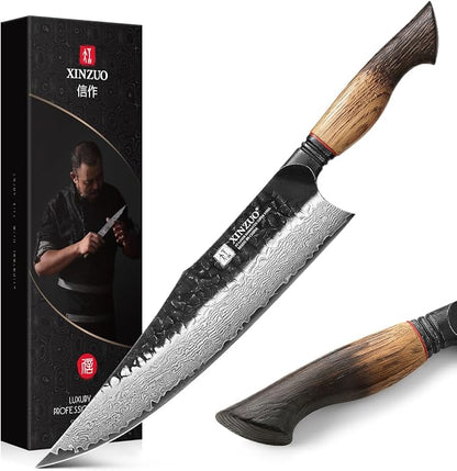 XINZUO 10 inch Professional Chef Knife,67 Layers 10Cr15CoMov High Carbon Damascus Steel Knife For Kitchen,Very Sharp，White Oak + Red G10 Gasket Handle