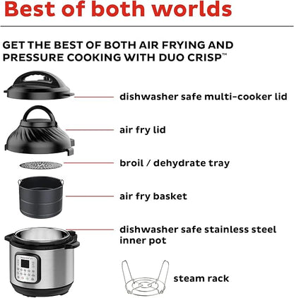 Instant Pot Duo Crisp 11-in-1 Air Fryer and Electric Pressure Cooker Combo with Multicooker Lids that Fries, Steams, Slow Cooks, Dehydrates,Free App With Over 800 Recipes, Black/Stainless Steel, 8QT