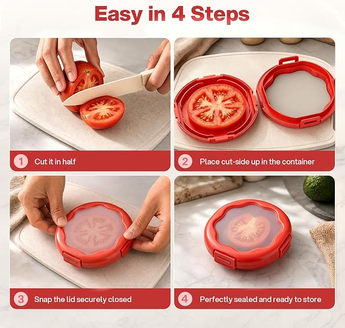 CLEANGOR Tomato Saver with Snap-On Lid, Silicone Food Saver, Tomato Storage Containers Reusable, Vegetable and Fruit Storage Containers, Reusable Kitchen Gadget, Dishwasher Safe (1, Red)
