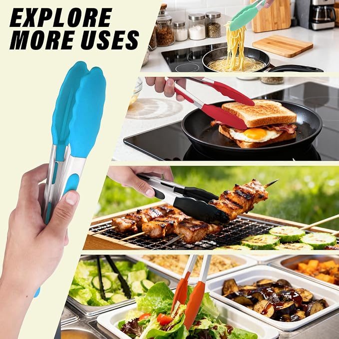 Silicone Salad Tongs, 9 Inch, Blue | 304 Stainless Steel Core, Non-Slip Grip, For Grilling Salad