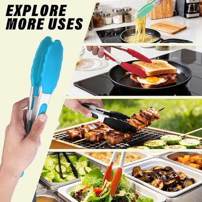 Silicone Salad Tongs, 9 Inch, Blue | 304 Stainless Steel Core, Non-Slip Grip, For Grilling Salad