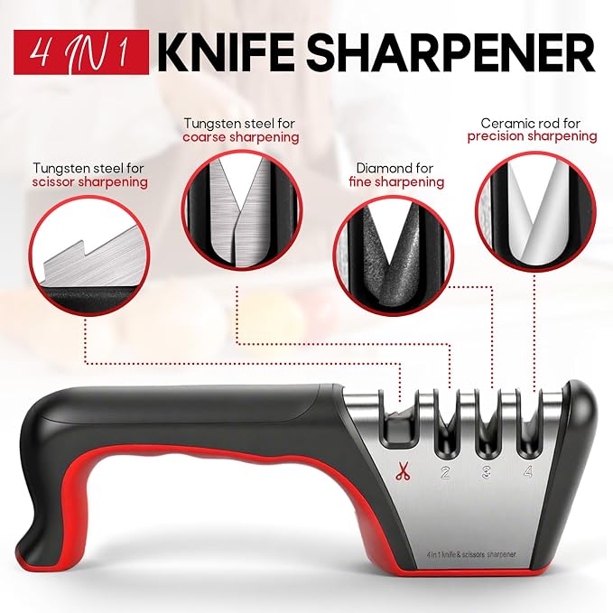 4-in-1 Knife Sharpener, Sturdy Manual Knife Sharpeners for Kitchen Knives, Professional Ergonomic Knife Sharpening Kit with 4 Stage Sharpening Slots, Portable Knife Sharpener for Knives, Scissors