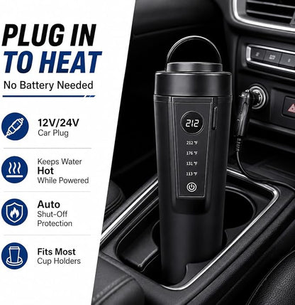Travel Electric Car Kettle 12V/24V Dual Voltage, Protable Car Electric Kettle for Road Trips, Mini Protable Water Boiler 4 Temp Control for Boiling Water & Brewing Coffee Tea Milk, 400ml(Black)