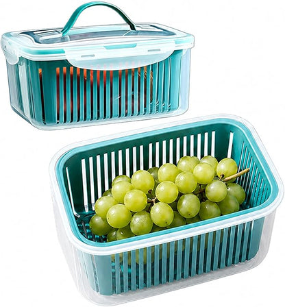 2 Pack Fruit Storage Containers for Fridge,Stackable Fresh Food Produce Saver Containers with Removable Colander, Vegetable Lettuce Keeper Bowl(Blue)