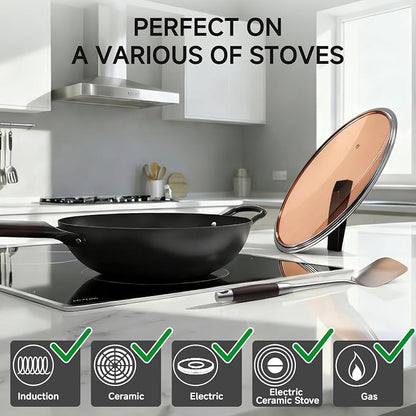 13.5" Carbon Steel Wok Pan - Pre-Seasoned Flat Bottom Woks & Stir-fry Pans Chinese Cookware with Lid & Spatula - For Pan-fry,Stir Fry, Steam, BBQ & Camping - Compatible with Induction, Gas