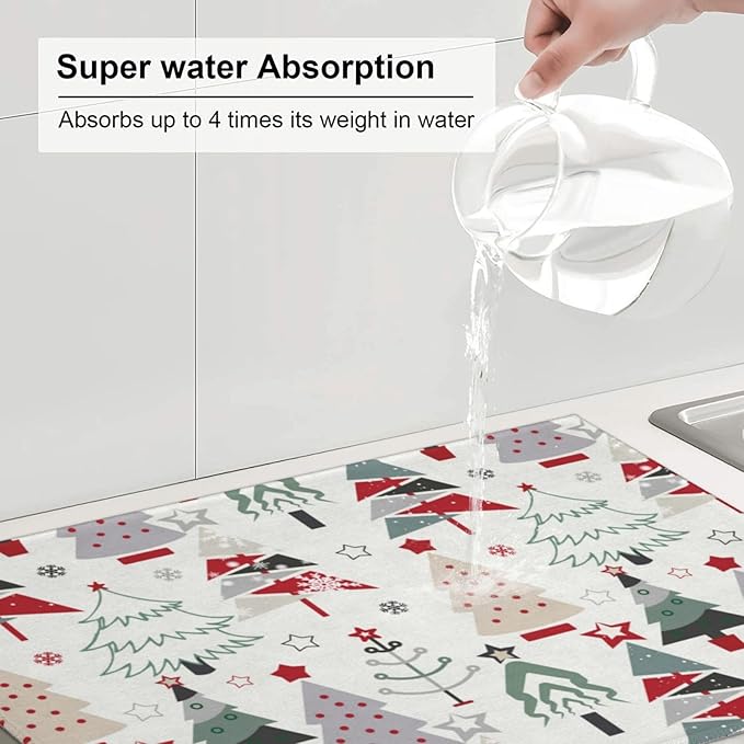 Beautiful Christmas Tree Dish Drying Mat 18x24 For Kitchen Counter Absorbent Microfiber Dishes Pad Dish Drainer Rack Mats Fast Dry Kitchen Accessories
