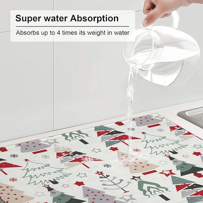 Beautiful Christmas Tree Dish Drying Mat 18x24 For Kitchen Counter Absorbent Microfiber Dishes Pad Dish Drainer Rack Mats Fast Dry Kitchen Accessories