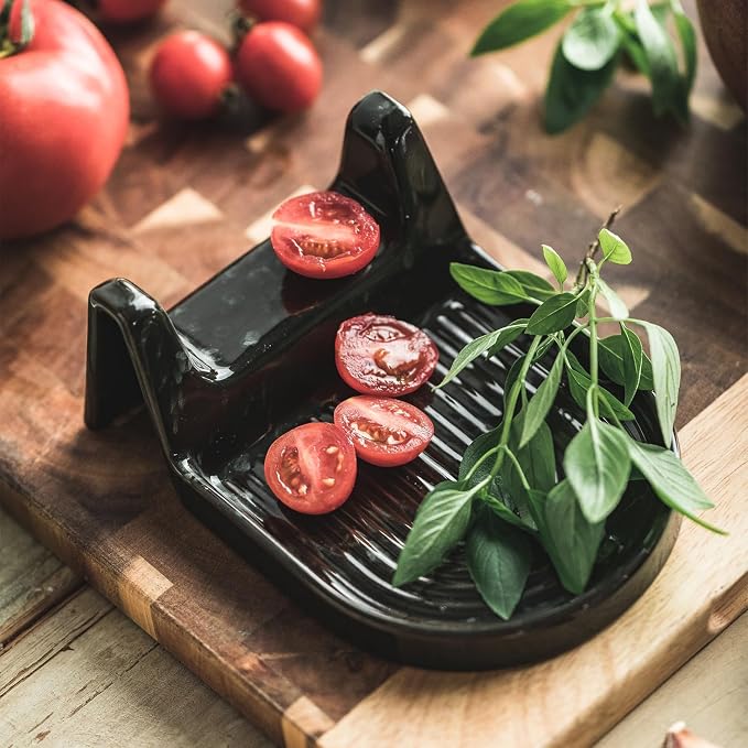 Ceramic Spoon Rest for Countertop Heat-Resistant Spoon Rest with Slot Easy for Tong and Spoon Kitchen Gadgets & Kitchen Utensils Holder, Black with White Splash