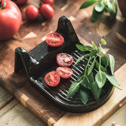 Ceramic Spoon Rest for Countertop Heat-Resistant Spoon Rest with Slot Easy for Tong and Spoon Kitchen Gadgets & Kitchen Utensils Holder, Black with White Splash