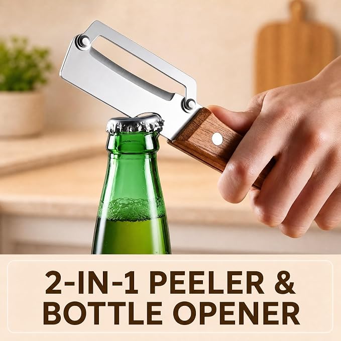 2-in-1 Multifunctional Vegetable Peeler with Wooden Handle, Zero Snag Ergonomic Kitchen Peeling Tool for Potatoes, Apple, Fruits, Double-Ended Skin Remover & Bottle Opener Utensil, 2 PCS