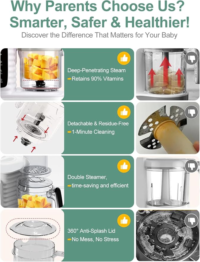 MOMYEASY Baby Food Maker, Multifunction Processor Chopper Grinder, Baby Food Steamer and Puree Blender in-One, with Bottle Warmer, Auto Cooking & Grinding with Touch Control Panel