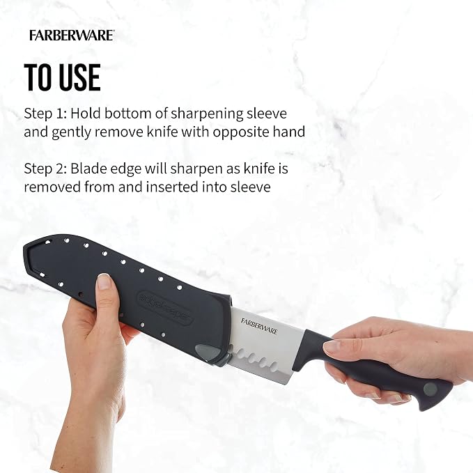 Farberware Edgekeeper 7-Inch Santoku Knife with Self-Sharpening Blade Cover, High Carbon-Stainless Steel Kitchen Knife with Ergonomic Handle, Razor-Sharp Knife, Black