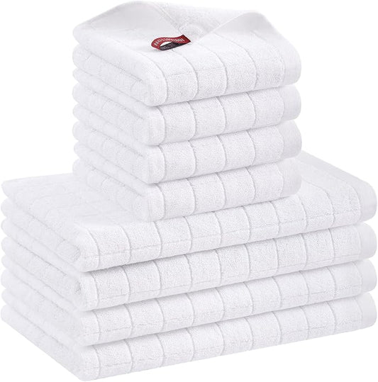 Mordimy 100% Cotton Terrycloth Kitchen Towels and Dishcloths Sets, Soft and Absorbent Checkered Dish Towels, Quick Drying Dish Rags for Washing Dishes, 4 Pack 16" x 26" & 4 Pack 12" x 12", White
