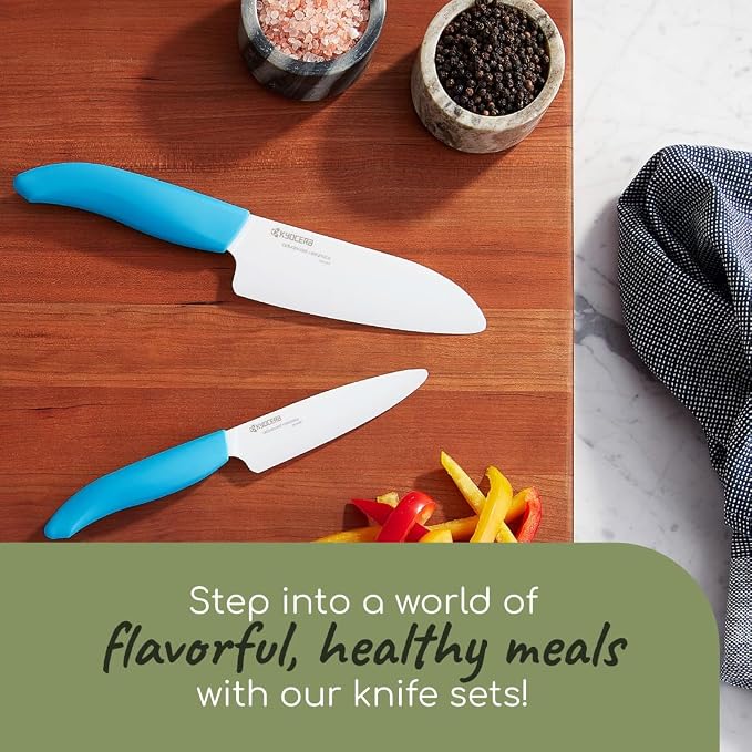 Kyocera Revolution 2-Piece Ceramic Knife Set: Chef Knife For Your Cooking Needs, 5.5" Santoku and 4.5" Utility Knife, White Blades with Blue Handles, White/Blue