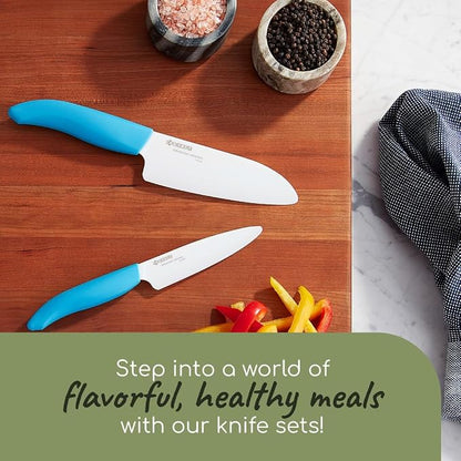Kyocera Revolution 2-Piece Ceramic Knife Set: Chef Knife For Your Cooking Needs, 5.5" Santoku and 4.5" Utility Knife, White Blades with Blue Handles, White/Blue