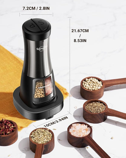 Sangcon 2-in-1 Rechargeable Salt and Pepper Grinder, USB-C Charging Base, One-Handed Automatic Grinder with Adjustable Coarseness & Light, Dual-Chamber Refillable Mill, Housewarming Gifts for Cooks